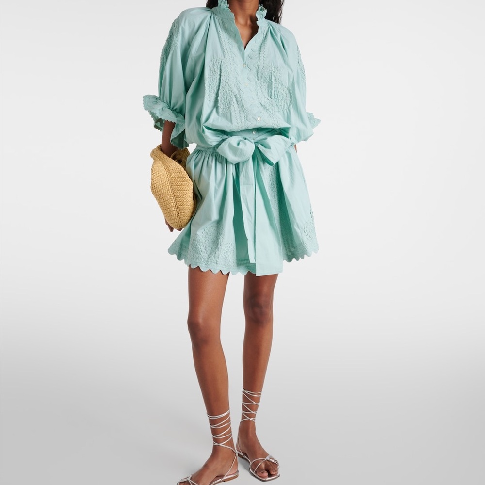 Juliet Dunn Women's Embroidered  Poplin Blouse Dress Size 1 US 4/6 Small Blue